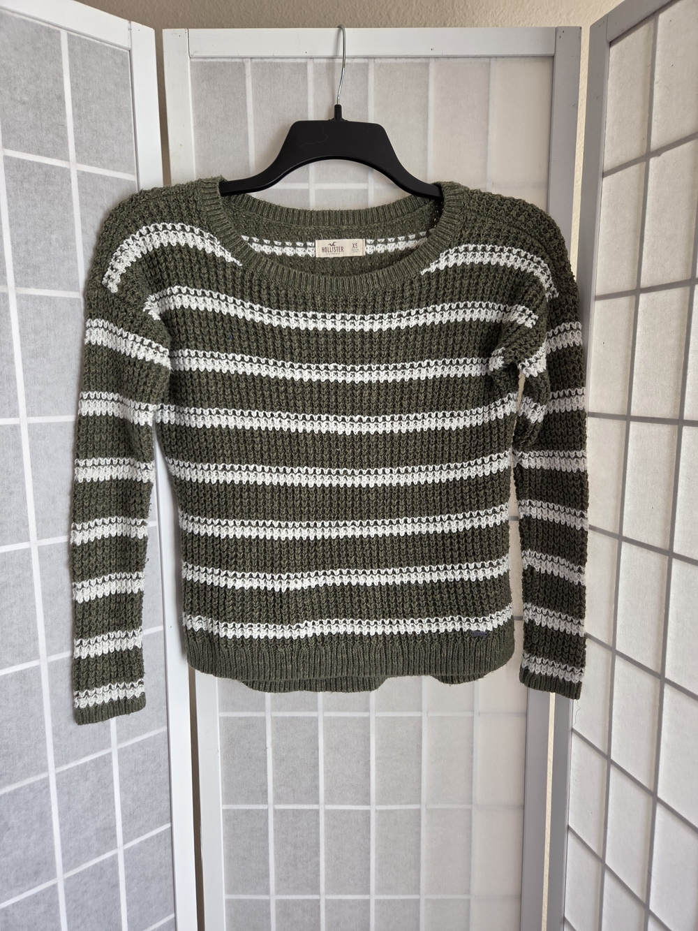 Hollister Olive & White Striped Crewneck Sweater